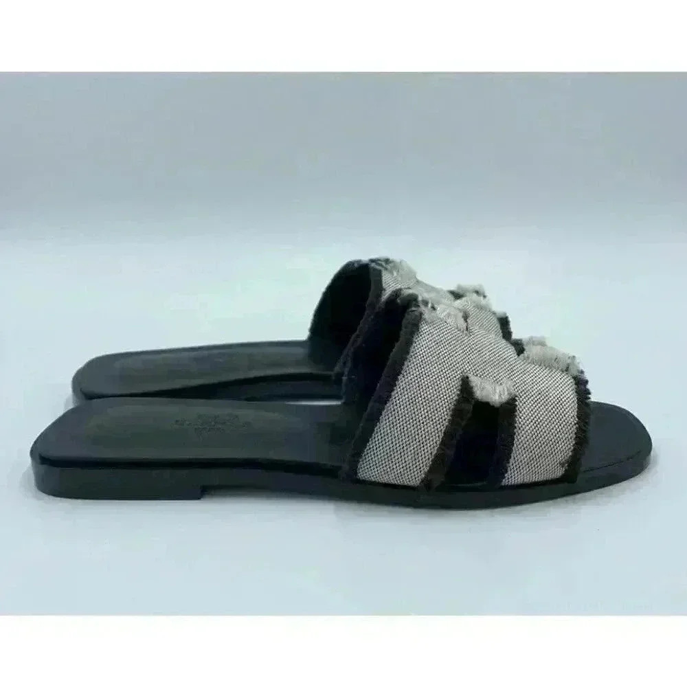Hermes Oran Sandal Fringed Denim Slides Brown White 36.5 6.5 H Cut Out Leather - Picture 7 of 12